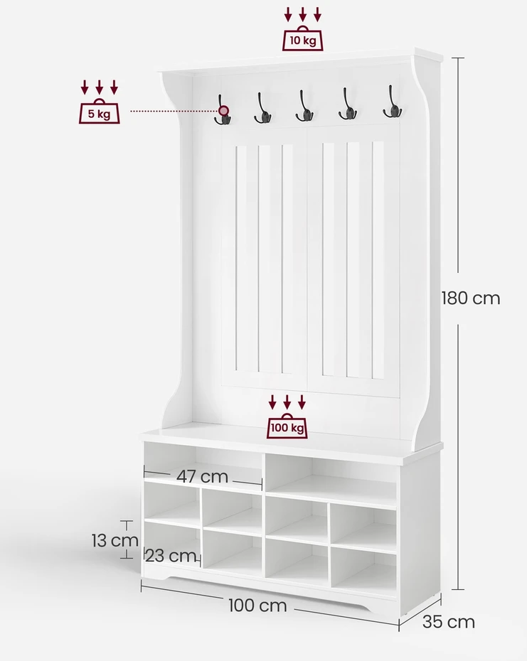 Koduva Prieškambario kabykla su batų suoliuku, 35 x 100 x 180 cm, medžio drožlių plokštė ir MDF, balta