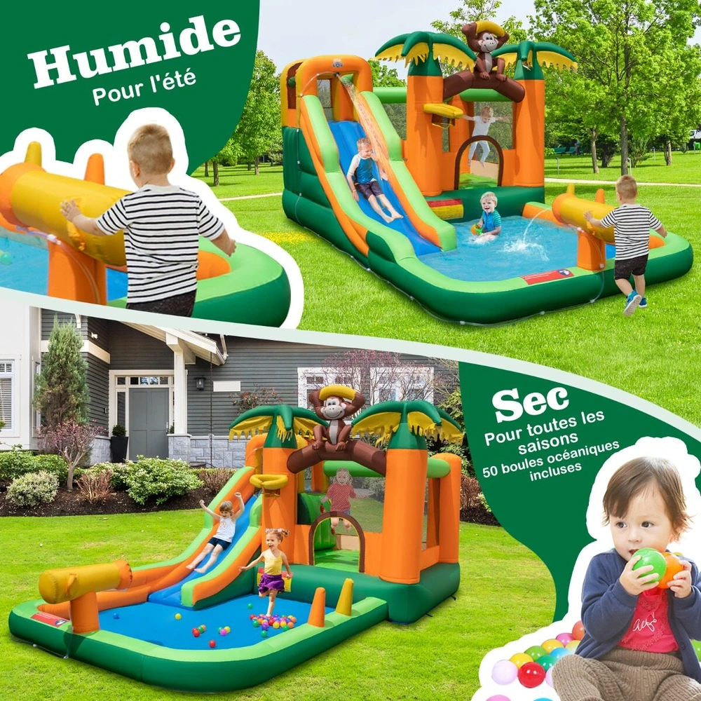 Promotion Pripučiama vandens žaidimų aikštelė 7-in-1 Tropical su čiuožykla, krepšinio lanku ir vandens pistoletu, 680 W