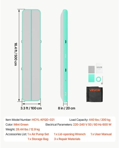 VEVOR Pripučiamas gimnastikos kilimėlis su elektriniu siurbliu, 500 x 100 x 20 cm, mėtų žalios spalvos