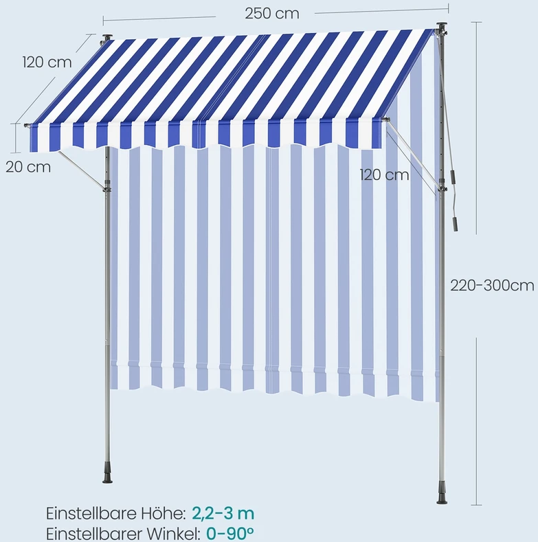 Songmics Prispaudžiama markizė 250 x 120 cm, mėlyna-balta, reguliuojamo aukščio 220–300 cm