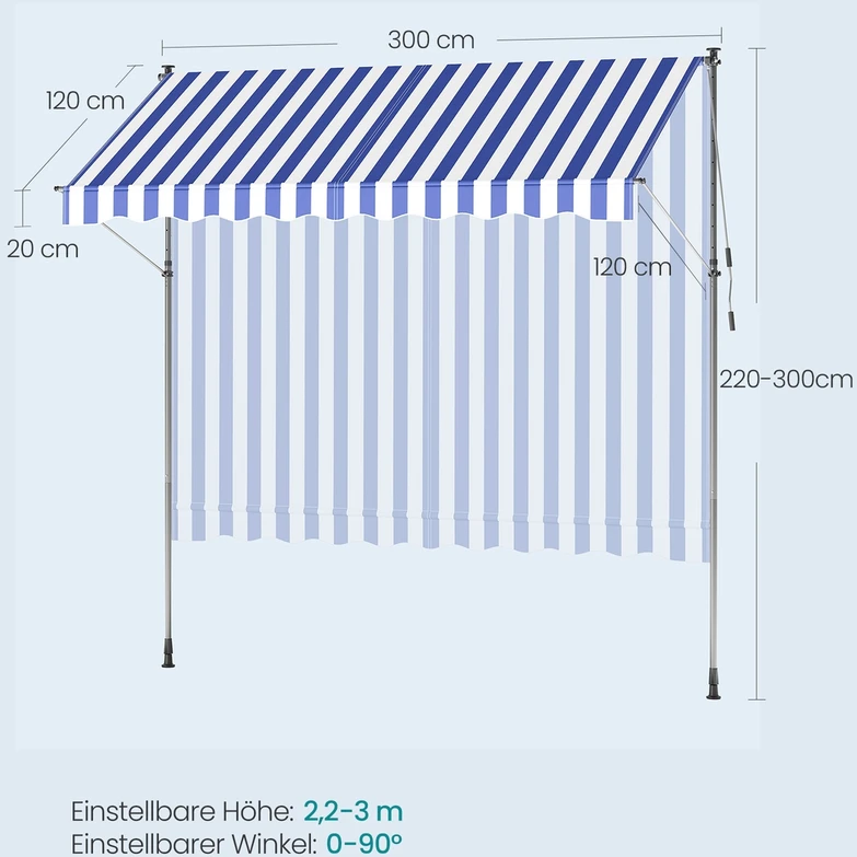 Songmics Prispaudžiama markizė 300 x 120 cm, mėlynai balta, reguliuojamo aukščio 220–300 cm