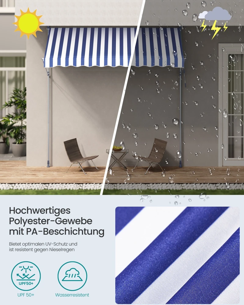 Songmics Prispaudžiama markizė 300 x 120 cm, mėlynai balta, reguliuojamo aukščio 220–300 cm