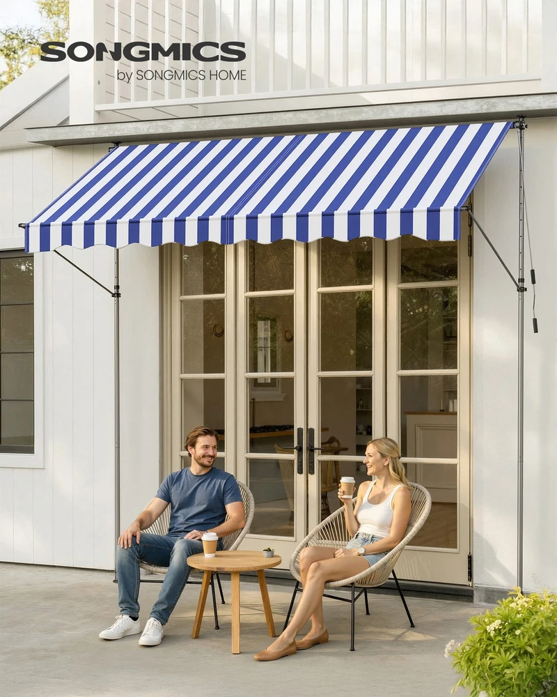 Songmics Prispaudžiama markizė 300 x 120 cm, mėlynai balta, reguliuojamo aukščio 220–300 cm
