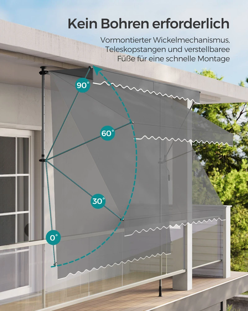 Songmics Prispaudžiama markizė balkonui 350 x 120 cm, antracito, reguliuojamo aukščio 220–300 cm