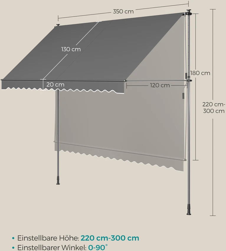 Songmics Prispaudžiama markizė balkonui 350 x 120 cm, antracito, reguliuojamo aukščio 220–300 cm
