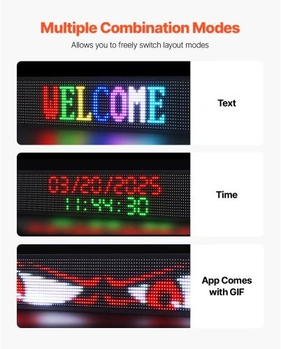 Koduva Programuojama LED iškaba VEVOR P10, lankstus skaitmeninis slenkantis ekranas, pilnų spalvų, 131 x 19 cm