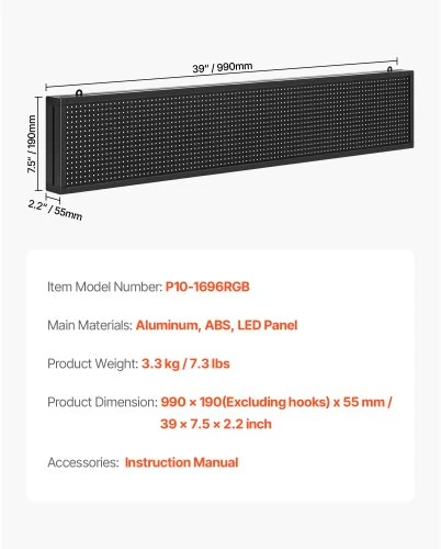 Koduva Programuojama slenkanti LED iškaba VEVOR P10, pilnų spalvų, 99 x 19 cm