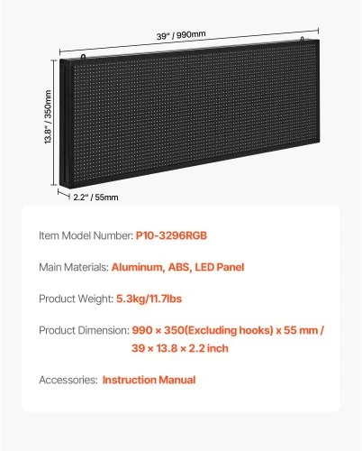 VEVOR Programuojamas LED ženklas P10, pilnų spalvų, 99 x 35 cm