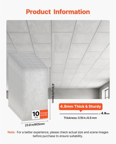 Koduva PVC lubų plokštės VEVOR DLS-2448, 10 vnt., 605 x 1210 mm, balto marmuro spalva
