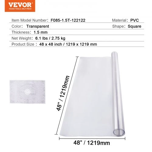 VEVOR PVC stalo apsauga, 1219 x 1219 mm, 1,5 mm, skaidri