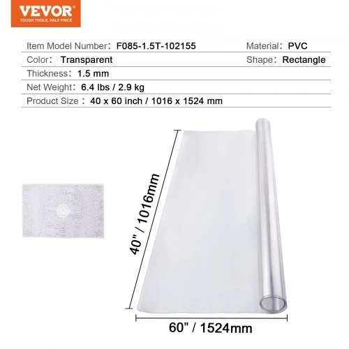 VEVOR PVC stalo apsauga, skaidri, 101,6 x 152,4 cm, 1,5 mm