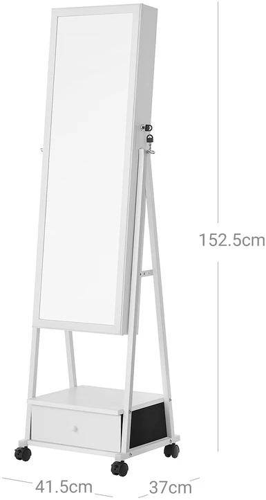 Songmics Rakinama papuošalų spintelė su veidrodžiu, stalčiumi ir ratukais, 41,5 x 37 x 152,5 cm, balta