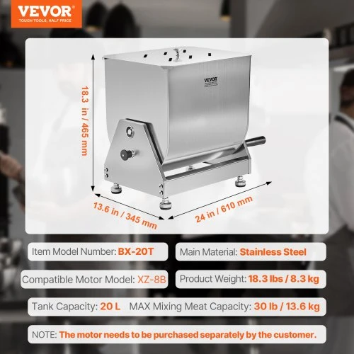 VEVOR Rankinė mėsos maišyklė BX-20T, nerūdijantis plienas, 20 l, 61 x 35 x 47 cm