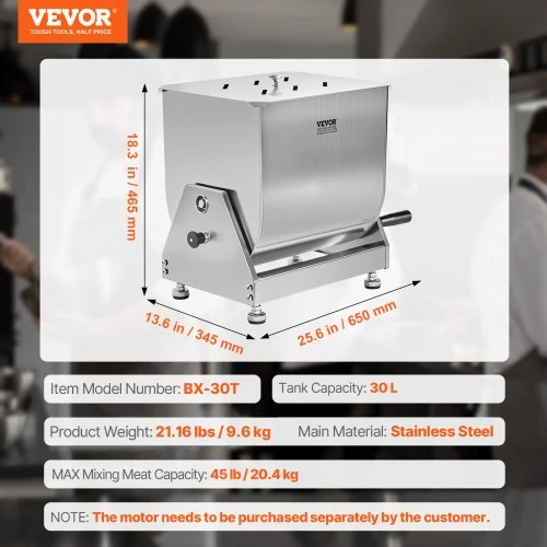 VEVOR Rankinė mėsos maišyklė BX-30T, 30 l, nerūdijantis plienas, sidabrinė, 65 x 35 x 47 cm