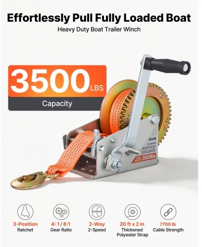 VEVOR Rankinė valties gervė HW2500A, 1588 kg, su 6,1 m oranžiniu poliesterio diržu