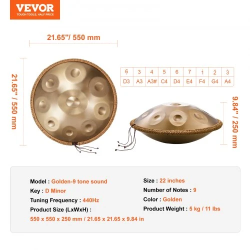 VEVOR Rankinis būgnas, plieno, 9 natų, D minor, auksinis, 55,9 cm