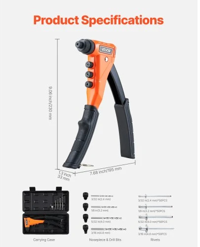 VEVOR Rankinis kniediklis DY-608 su 200 aklųjų kniedžių, oranžinis / juodas