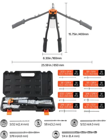 VEVOR Rankinis kniediklis DY-8306 su 230 aklųjų kniedžių, oranžinis / juodas, 40 x 16 x 5 cm