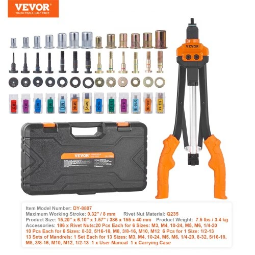 VEVOR Rankinis kniedžių veržlių įrankis DY-8807, 40,6 cm, su 13 antgalių ir 186 kniedžių veržlėmis