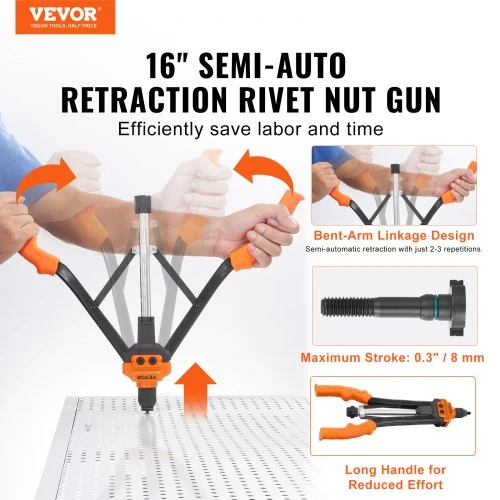 VEVOR Rankinis kniedžių veržlių įrankis DY-8807, 40,6 cm, su 13 antgalių ir 186 kniedžių veržlėmis