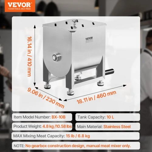 VEVOR Rankinis mėsos maišytuvas BX-10B, nerūdijantis plienas, 15 l, 46 x 23 x 41 cm