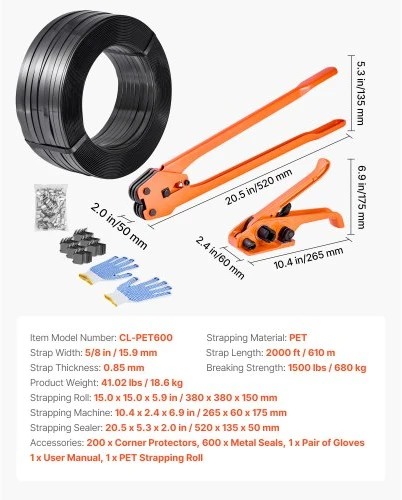 VEVOR Rankinis pakavimo juostavimo rinkinys CL-PET600, su 610 m PET juosta, 600 metalinių sąvaržų ir 200 kampų apsaugų