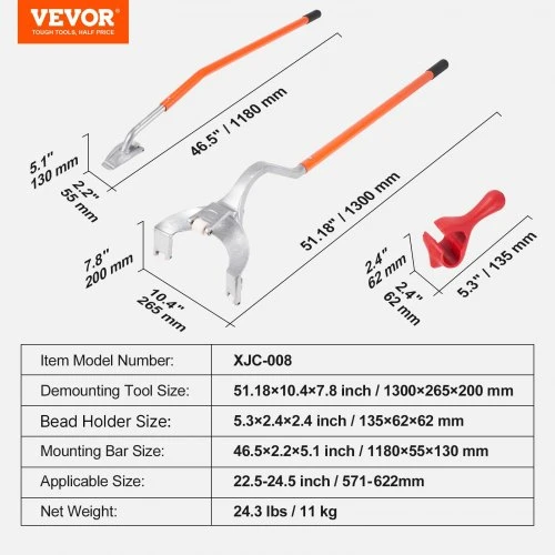 VEVOR Rankinis sunkvežimių padangų montavimo ir numontavimo įrankių rinkinys XJC-008, 57,1-62,2 cm
