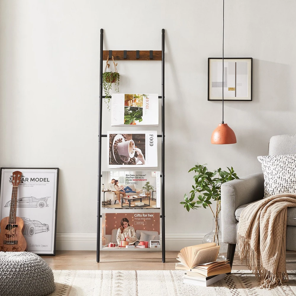 Songmics Rankšluosčių kopėčios su 5 lygiais ir 4 kabliukais, 44 x 160 cm, rudos-juodos