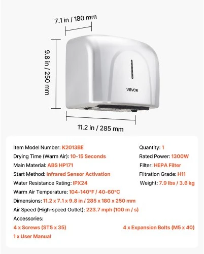 VEVOR Rankų džiovintuvas K2013BE, 1300 W, ABS, 29 x 18 x 25 cm