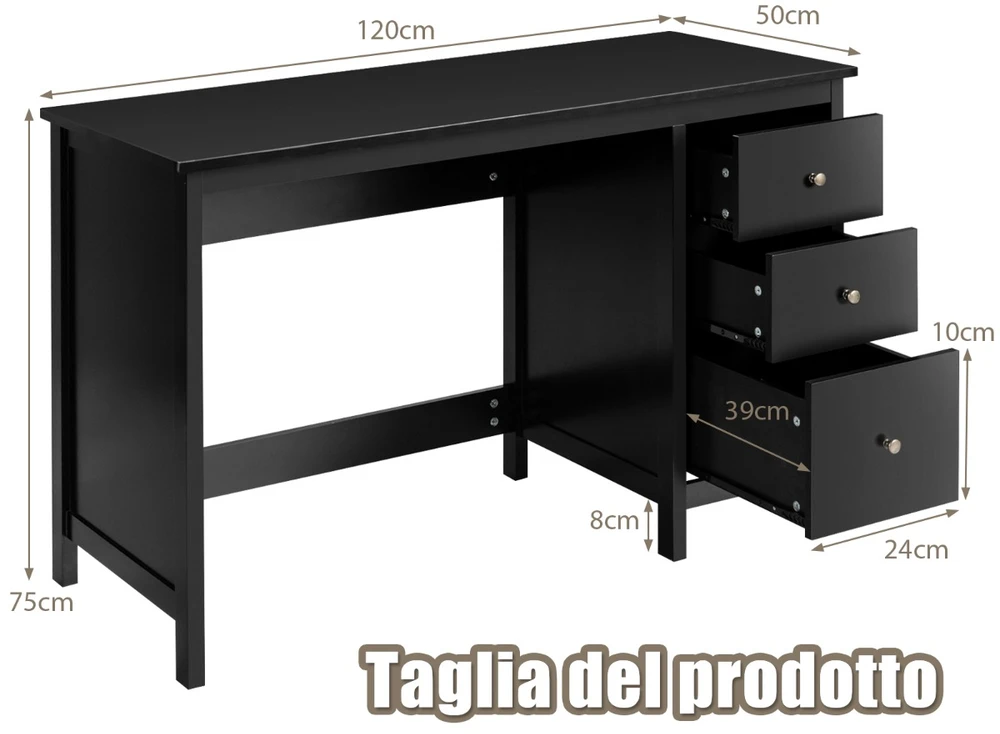Promotion Rašomasios stalas su 3 stalčiais, 120x50x75 cm, juodas
