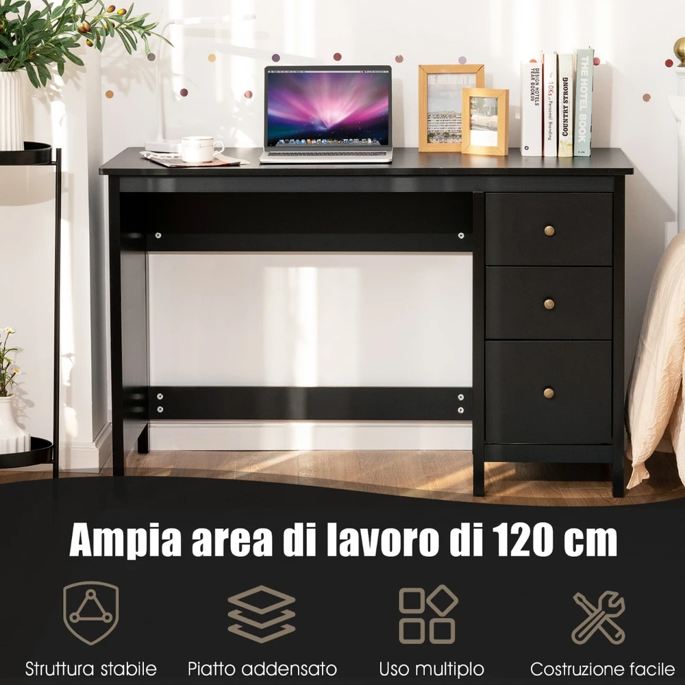 Promotion Rašomasios stalas su 3 stalčiais, 120x50x75 cm, juodas