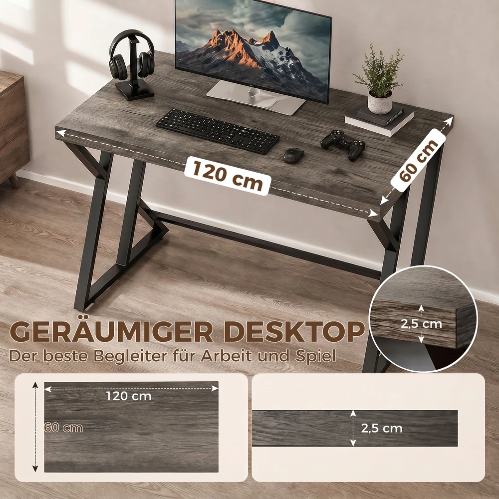Aosom Rašomasis stalas kompiuteriui 120 x 60 cm, pilkas, metalinis Z formos pagrindas, industrinis dizainas