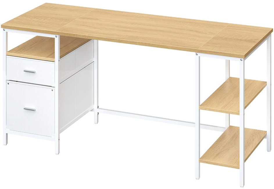 Koduva Rašomasis stalas su 3 lentynomis ir 2 stalčiais, 160 x 60 x 76 cm, ąžuolo baltos spalvos