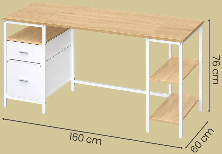 Koduva Rašomasis stalas su 3 lentynomis ir 2 stalčiais, 160 x 60 x 76 cm, ąžuolo baltos spalvos