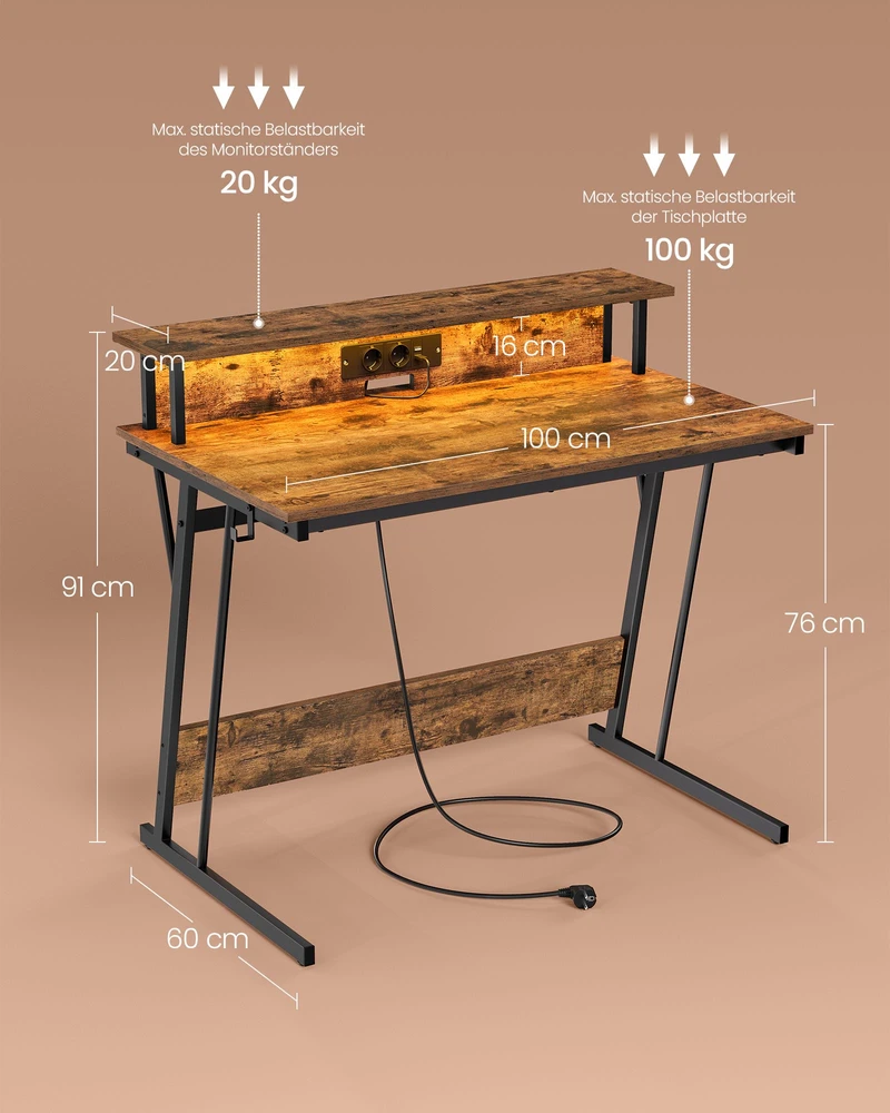 Songmics Rašomasis stalas su elektros lizdų juosta, 60 x 100 x 76 cm, rudos spalvos