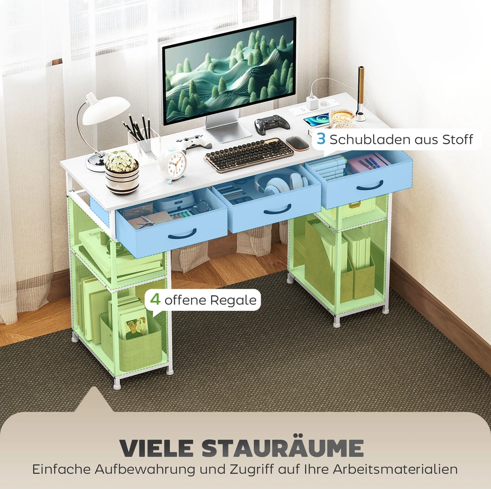 Aosom Rašomasis stalas su įkrovimo stotele, 2 USB jungtys, 2 lizdai, reguliuojamos lentynos, 3 audinio stalčiai, 120 x 40 x 76 cm, baltas
