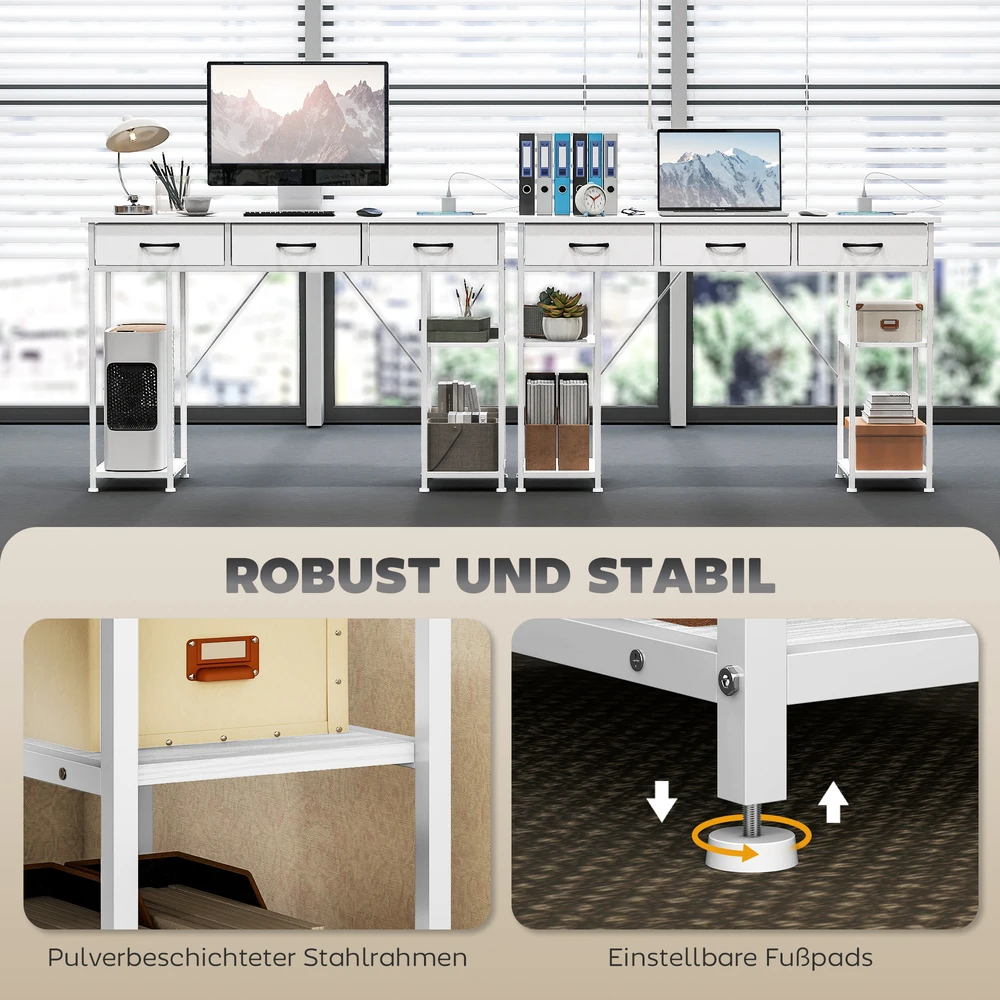 Aosom Rašomasis stalas su įkrovimo stotele, 2 USB jungtys, 2 lizdai, reguliuojamos lentynos, 3 audinio stalčiai, 120 x 40 x 76 cm, baltas