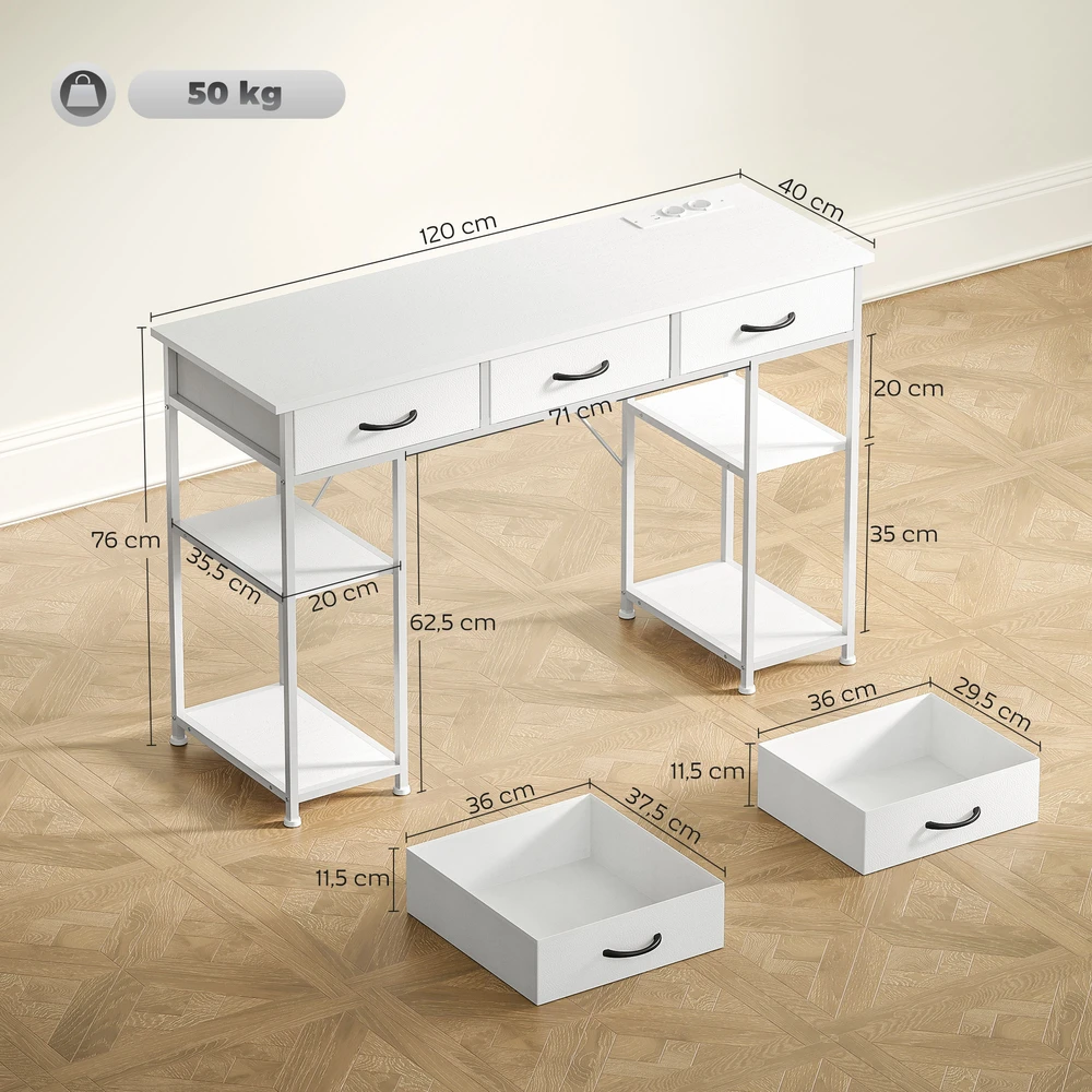 Aosom Rašomasis stalas su įkrovimo stotele, 2 USB jungtys, 2 lizdai, reguliuojamos lentynos, 3 audinio stalčiai, 120 x 40 x 76 cm, baltas