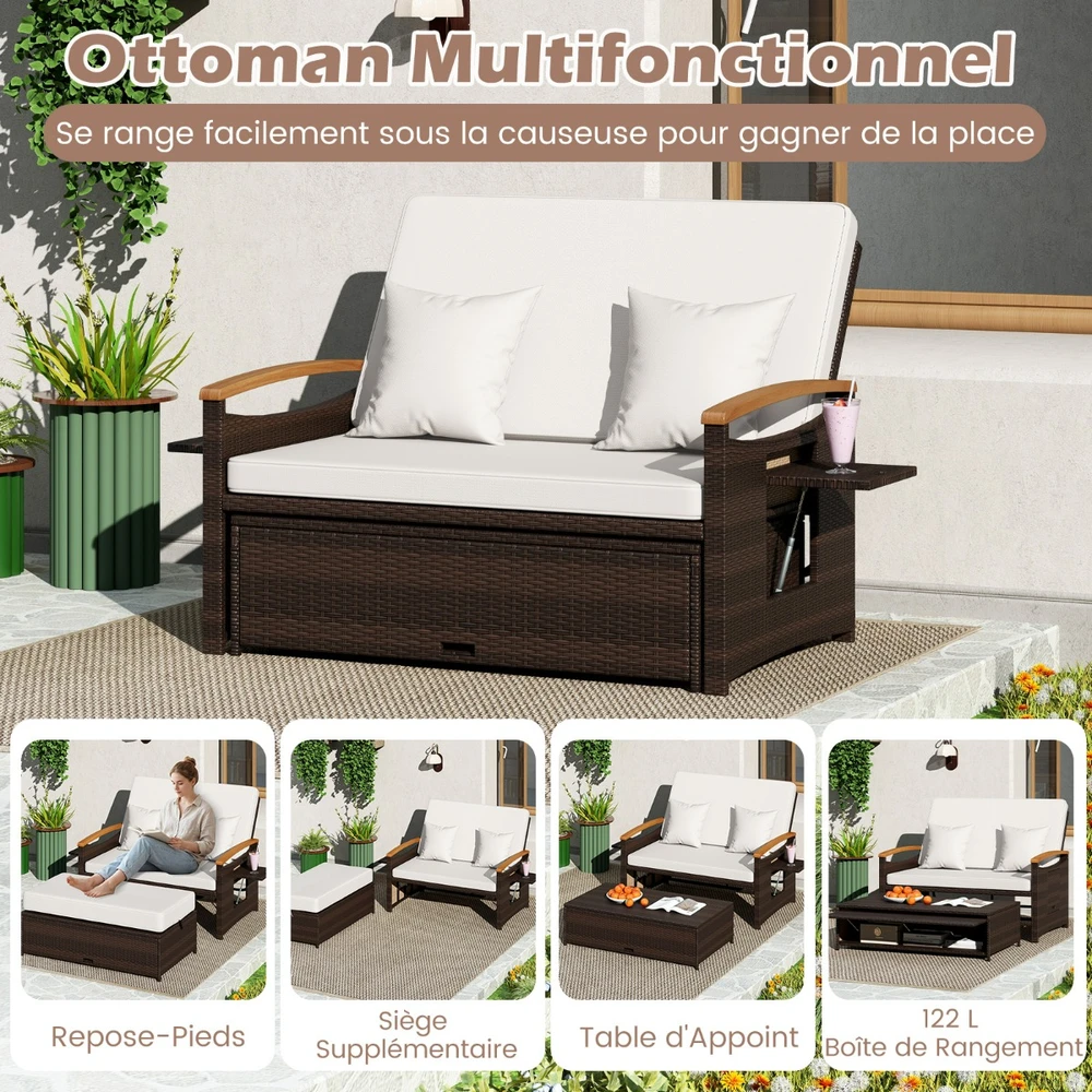Promotion Rataninė 2 vietų sofa su pufu ir saugykla, balta