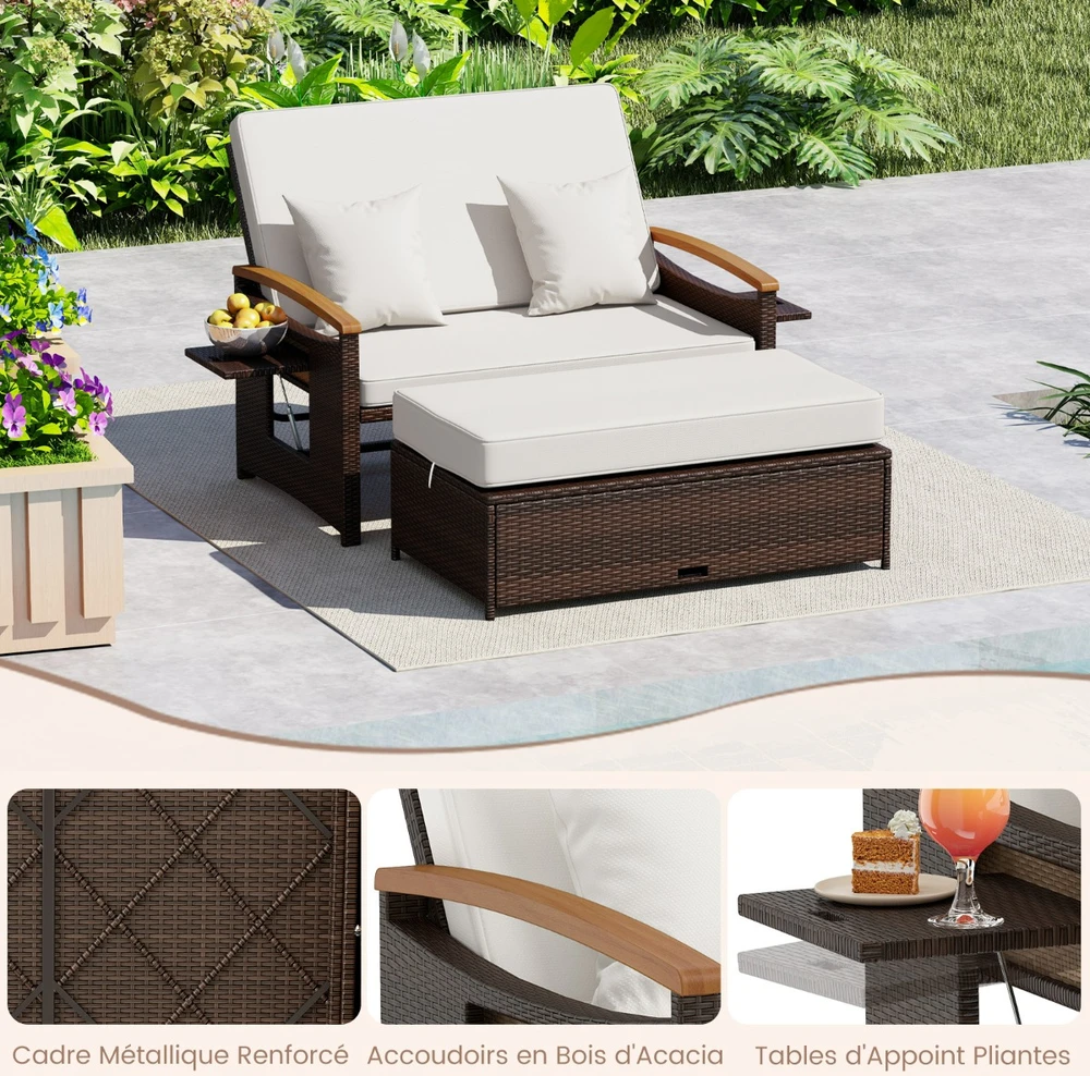 Promotion Rataninė 2 vietų sofa su pufu ir saugykla, balta