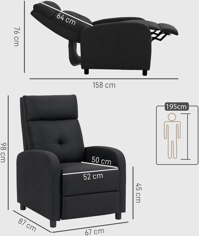 Aosom Recliner chair su atlošimo funkcija, ištraukiama kojų atrama, kišeninių spyruoklių blokas, juoda, iki 150 kg