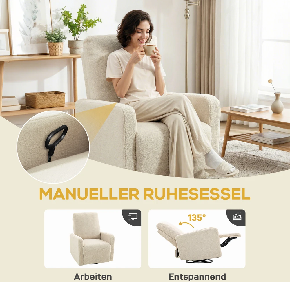 Fotelis Aosom Recliner kėdė su fleece užvalkalu, smėlio spalvos, 120 kg