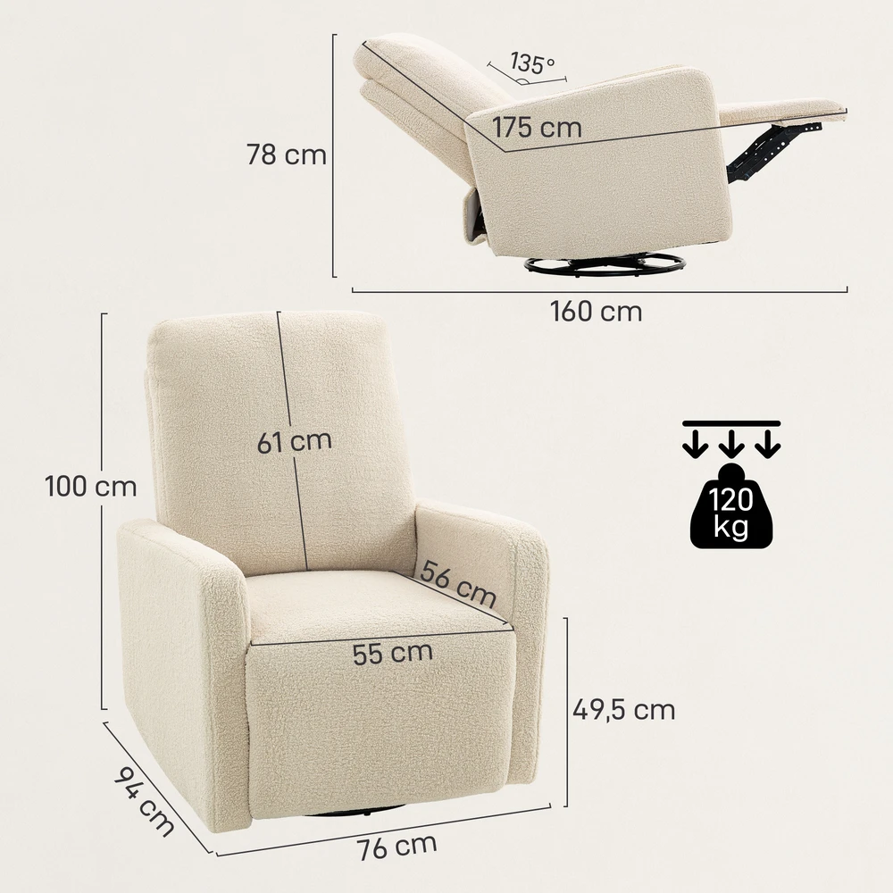 Fotelis Aosom Recliner kėdė su fleece užvalkalu, smėlio spalvos, 120 kg