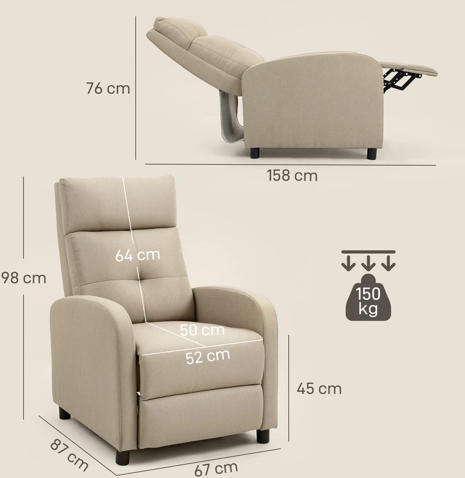 Fotelis Aosom Recliner kėdė su gulėjimo funkcija, ištraukiama kojų atrama, 150 kg, smėlio spalvos