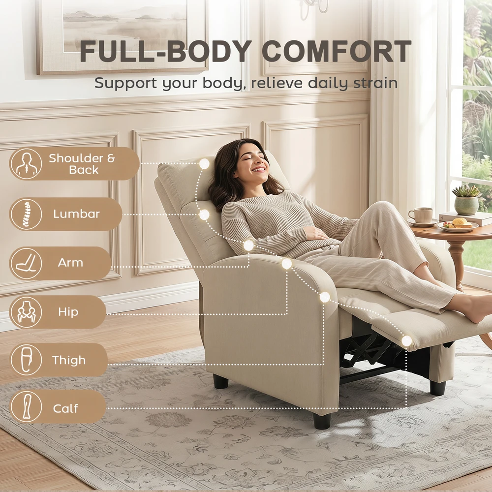Fotelis Aosom Recliner kėdė su gulėjimo funkcija, ištraukiama kojų atrama, 150 kg, smėlio spalvos