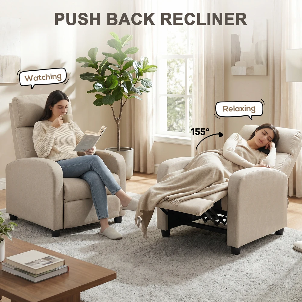 Fotelis Aosom Recliner kėdė su gulėjimo funkcija, ištraukiama kojų atrama, 150 kg, smėlio spalvos
