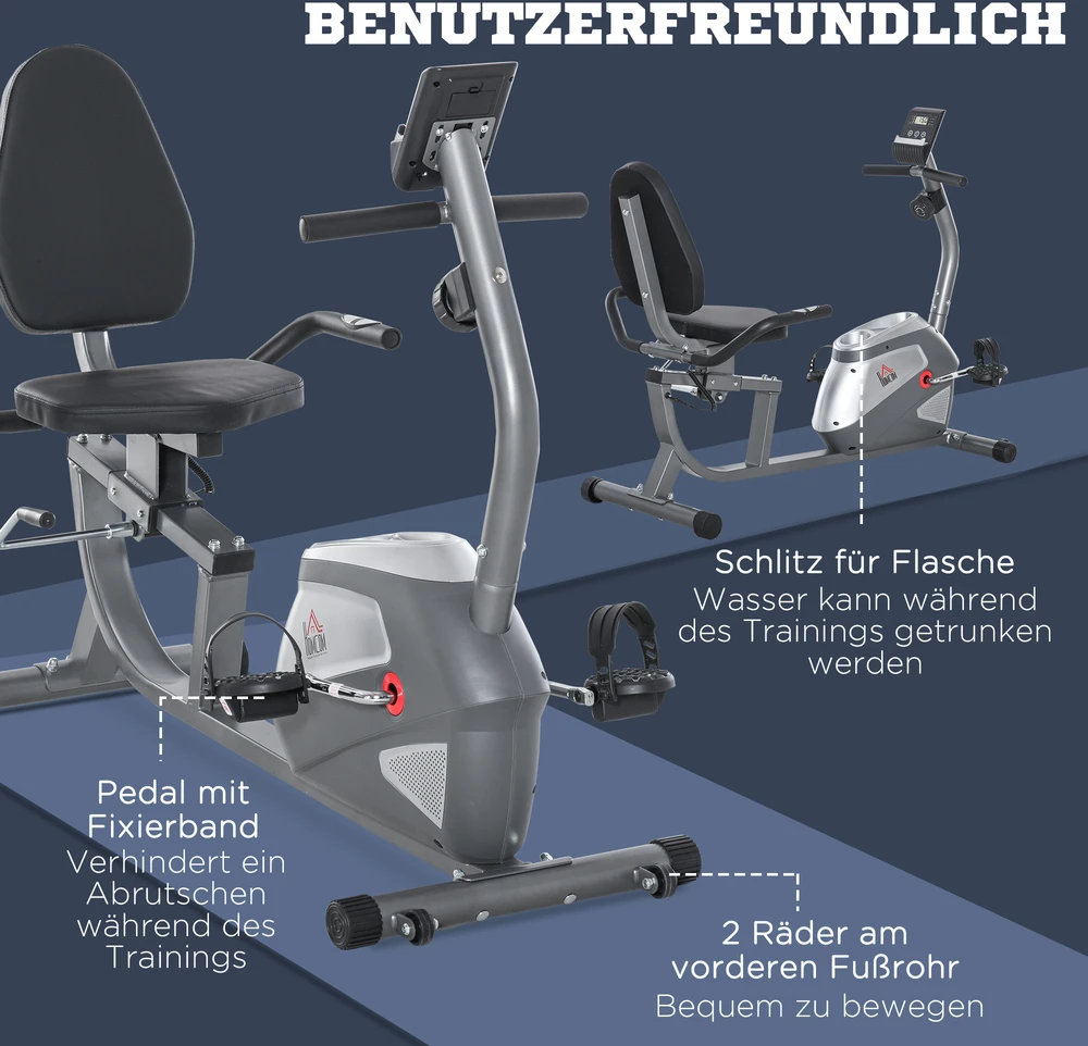 Aosom Recumbentinis treniruoklis su LCD ekranu, pilkas ir sidabrinis, iki 110 kg