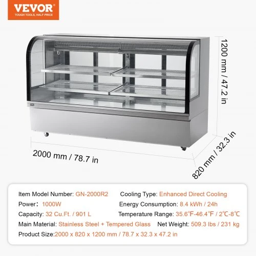 VEVOR Refrigeruojama vitrininė spinta GN-2000R2, 901 l, 4 lygių, 200 x 82 x 120 cm
