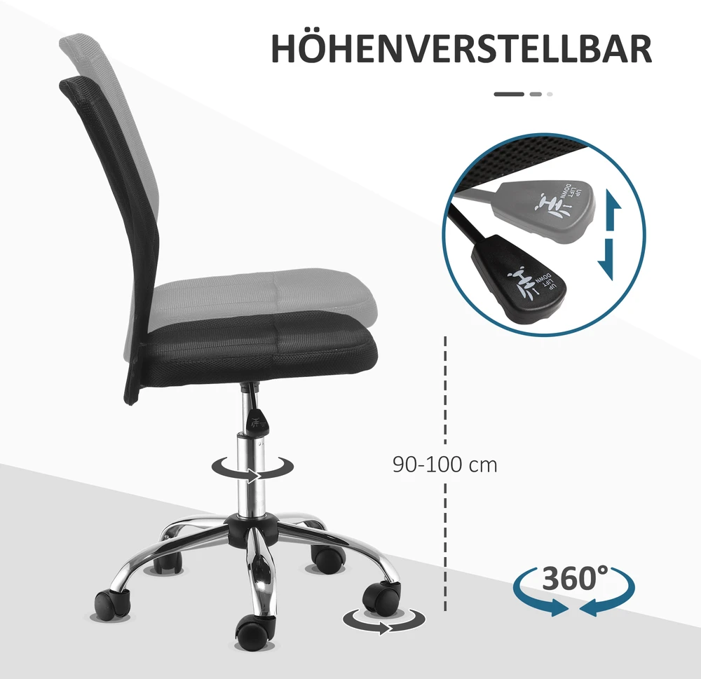 Aosom Reguliuojama biuro kėdė be porankių, tinklinis atlošas, juoda, 90–100 cm