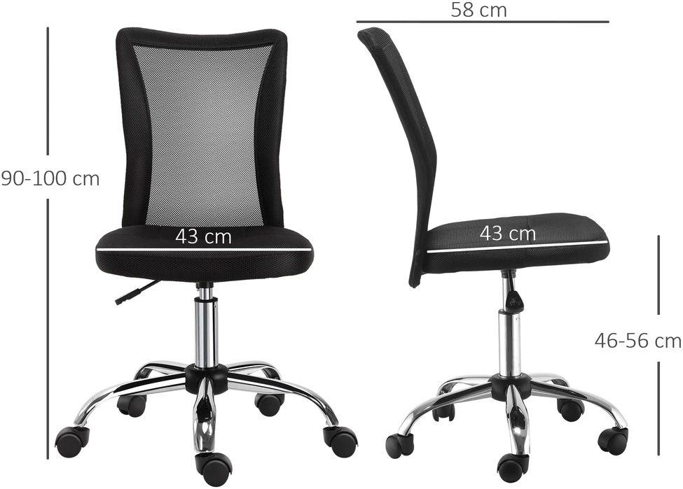 Aosom Reguliuojama biuro kėdė be porankių, tinklinis atlošas, juoda, 90–100 cm